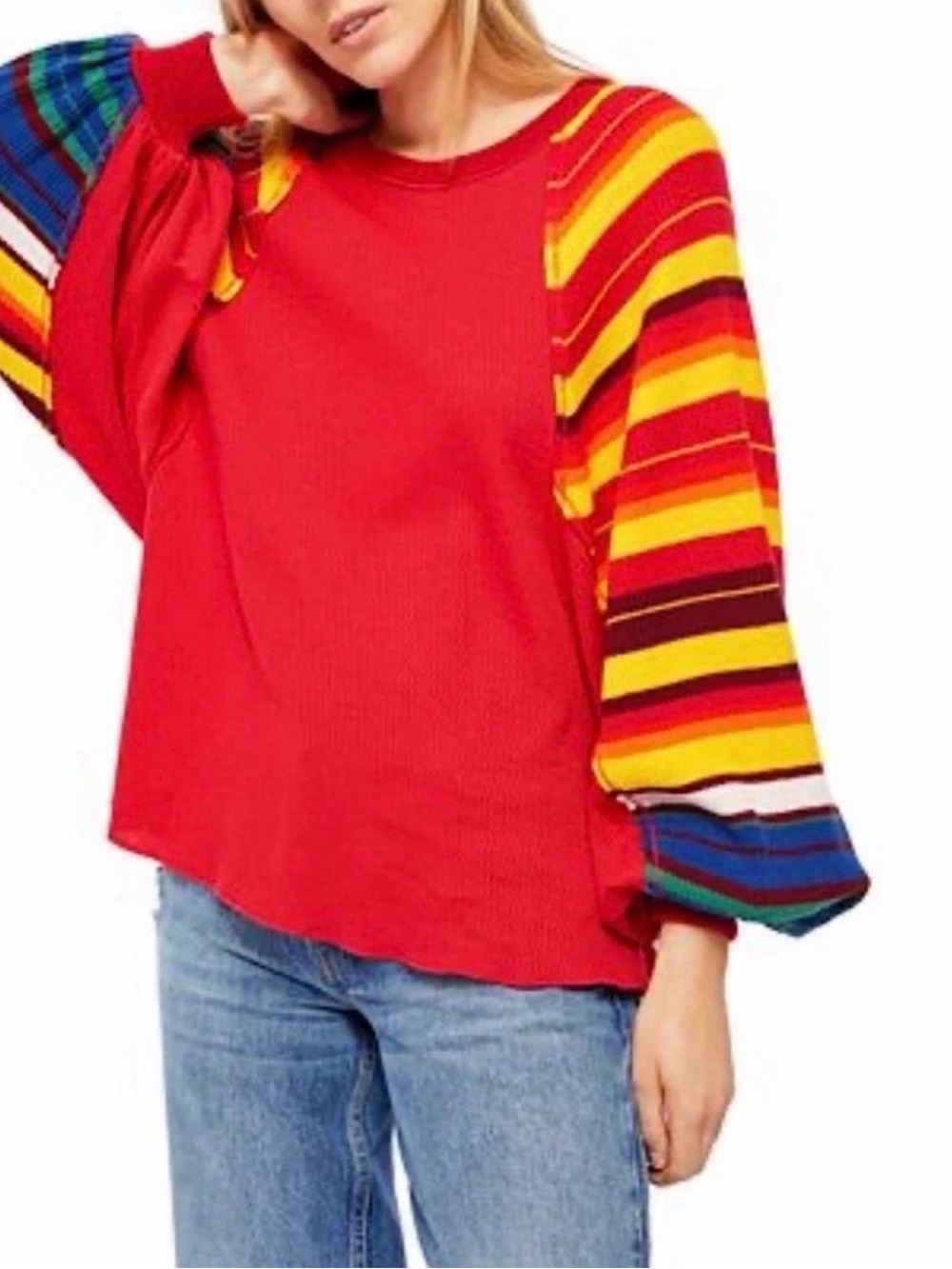 Free People Red Rainbow Dreams Waffle Top Red Oversized Fall Size XS